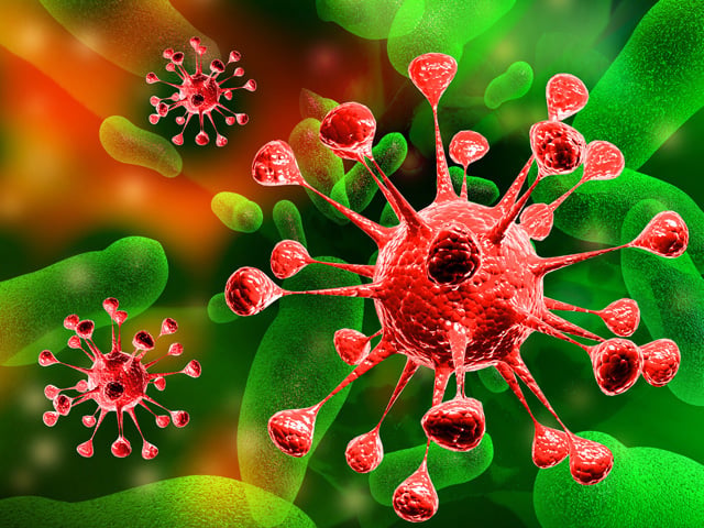 Red virus on abstract green background.
